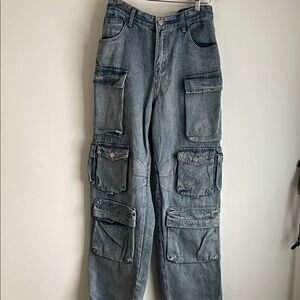 Micas Multi Pocket Rolled Hem Wide Leg Cargo Jeans